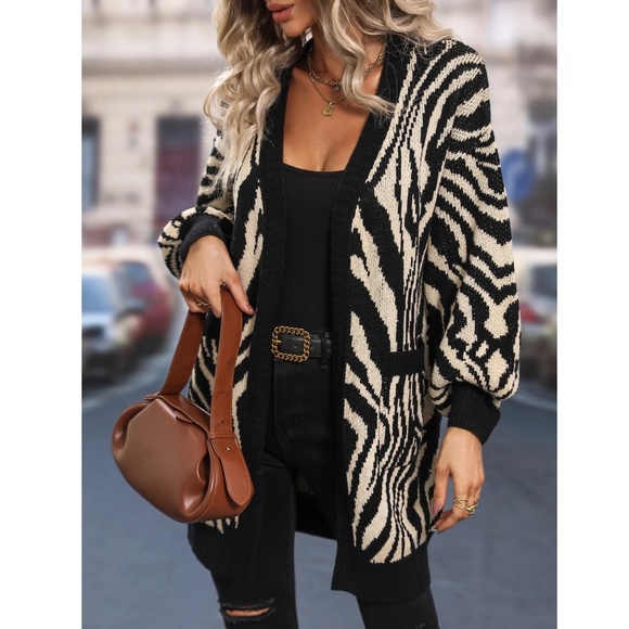 Zebra Animal Print Beige and Black Open Cardigan Pockets Long Sleeve - Picture 2 of 7